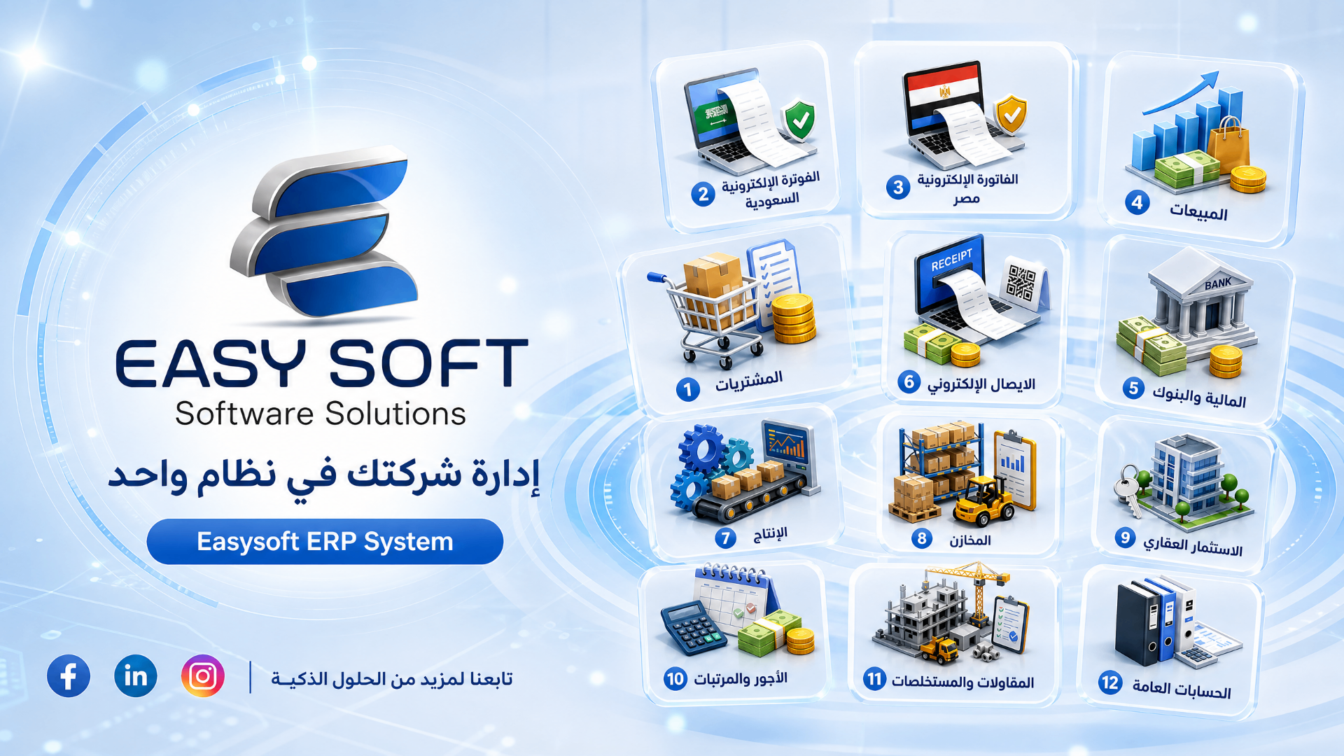 EasySoft ERP modules overview — Sales, Purchases, Inventory, Finance, HR, Production, Real Estate and more